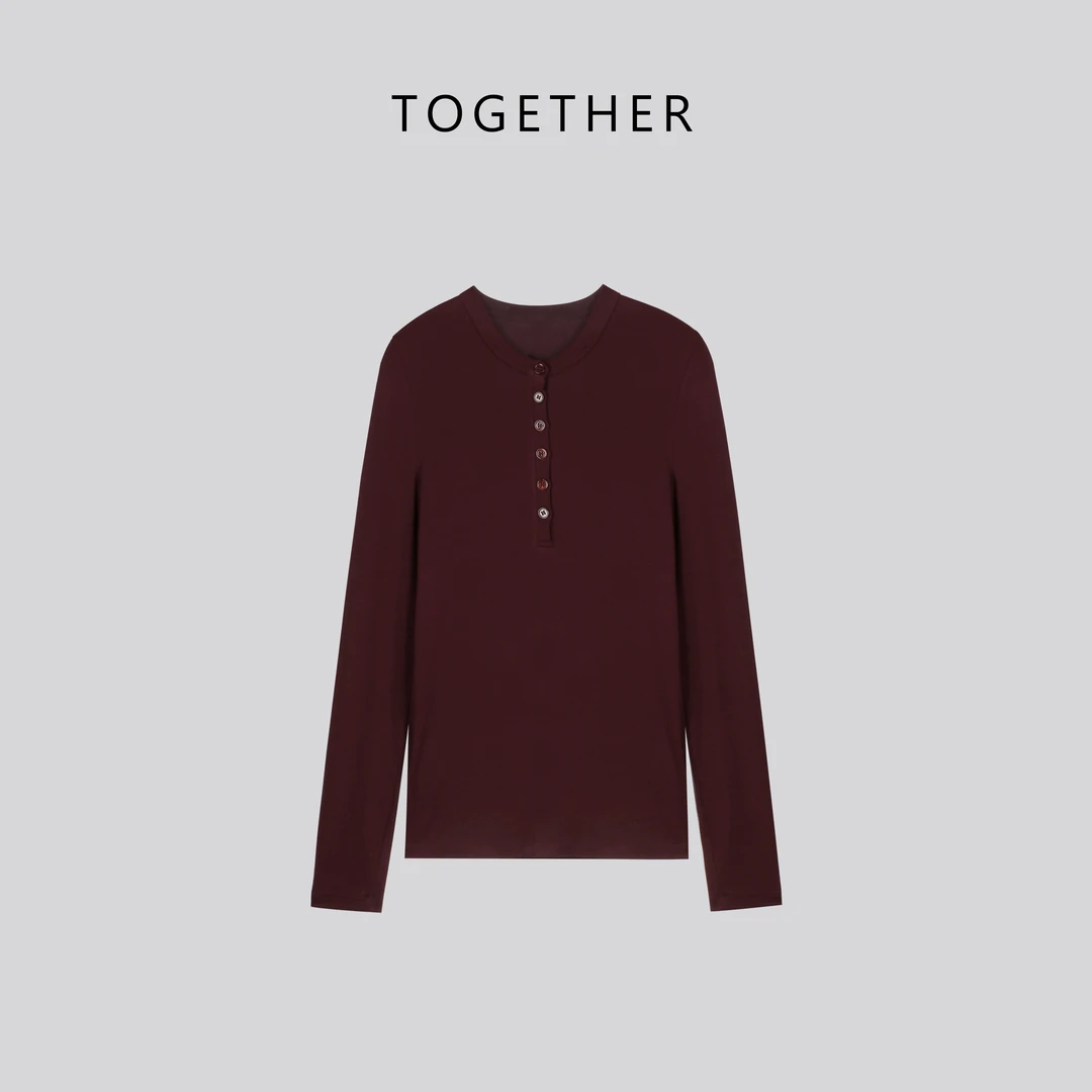 【Together】 · 落云 · 春款圆领纽扣修身显瘦长袖T恤W8200