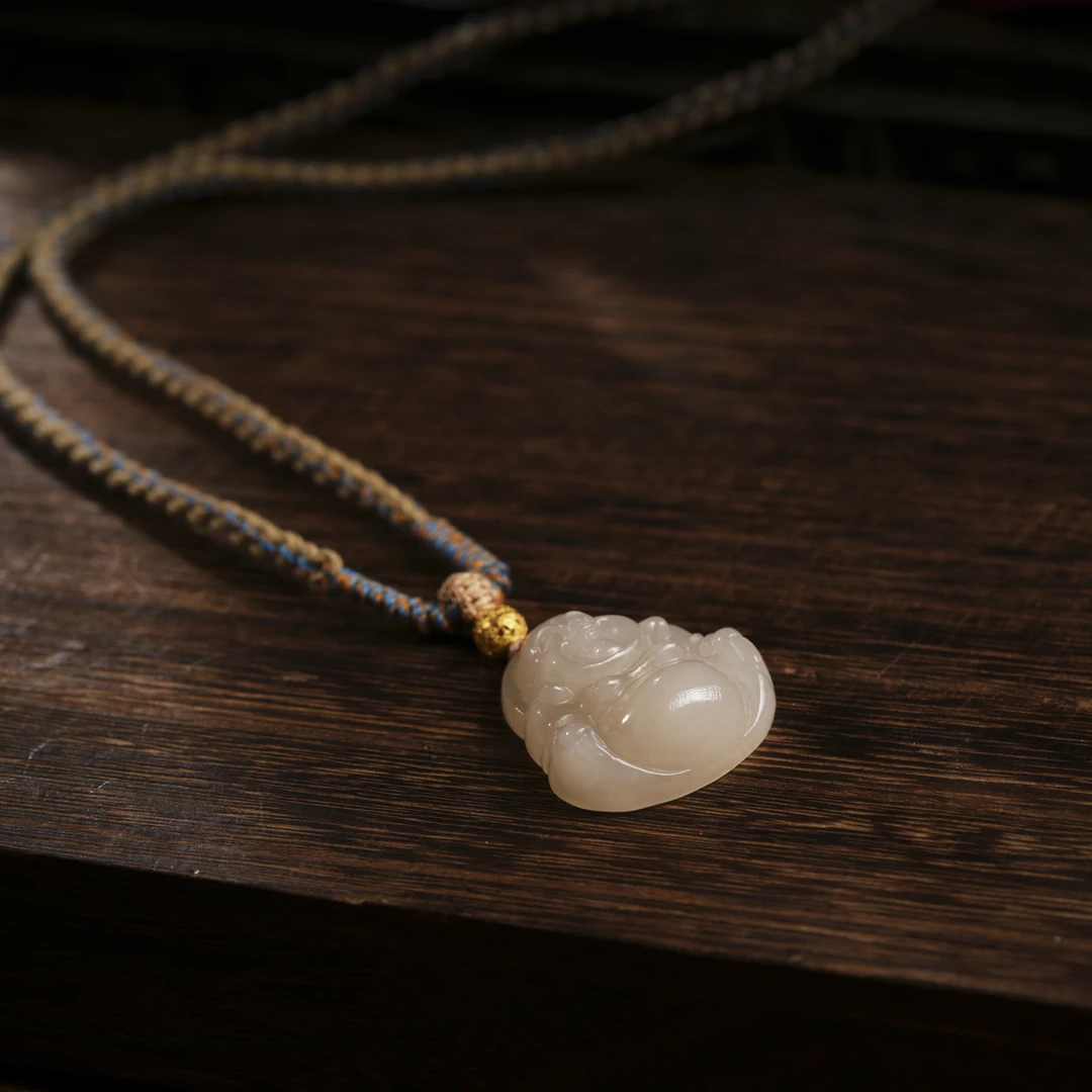 【博缘】和田玉藕粉18K金镶嵌典藏级佛公吊坠D4754时尚简约气质女款