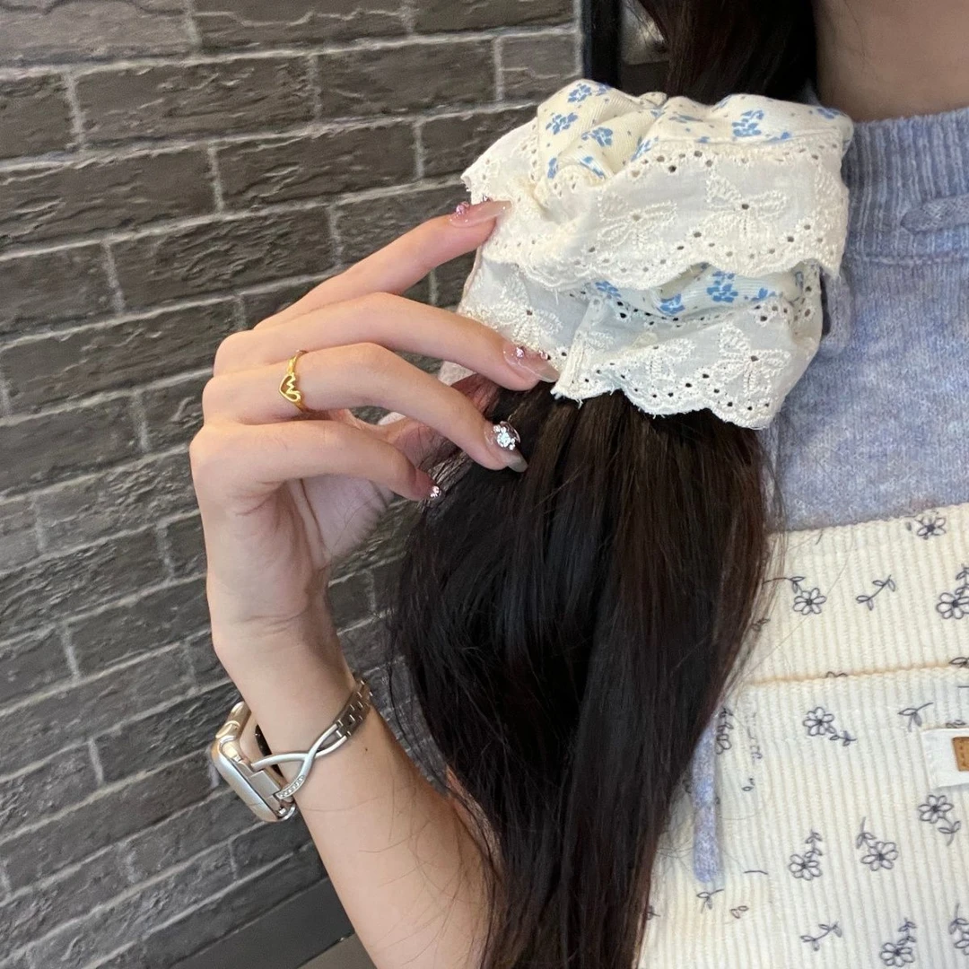 韩系温柔粉色格子蕾丝大肠发圈女高级感大号发绳马尾头绳发饰头饰
