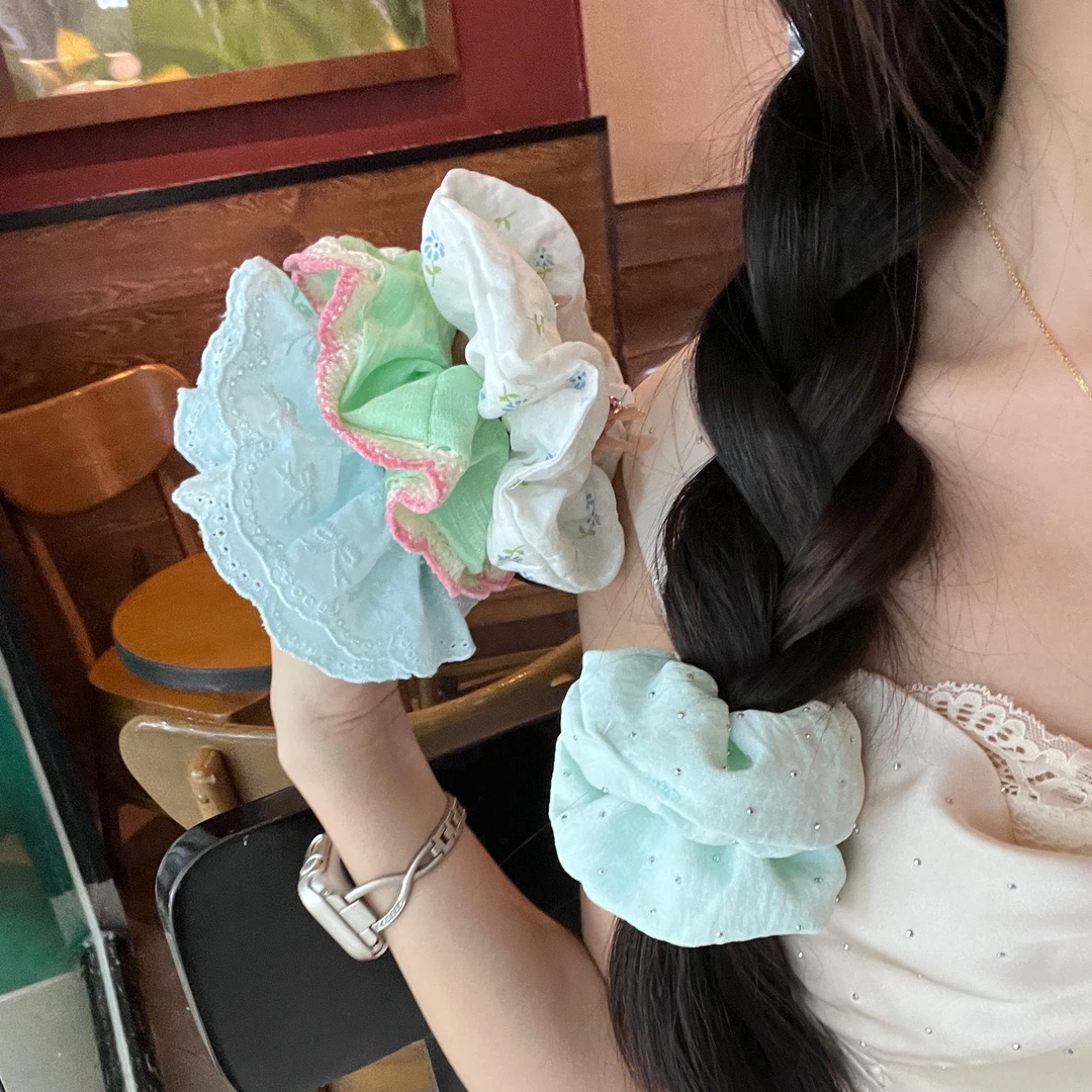 海盐蓝色系蕾丝花边大肠发圈女马尾扎头发绳超仙气质头绳质感头花