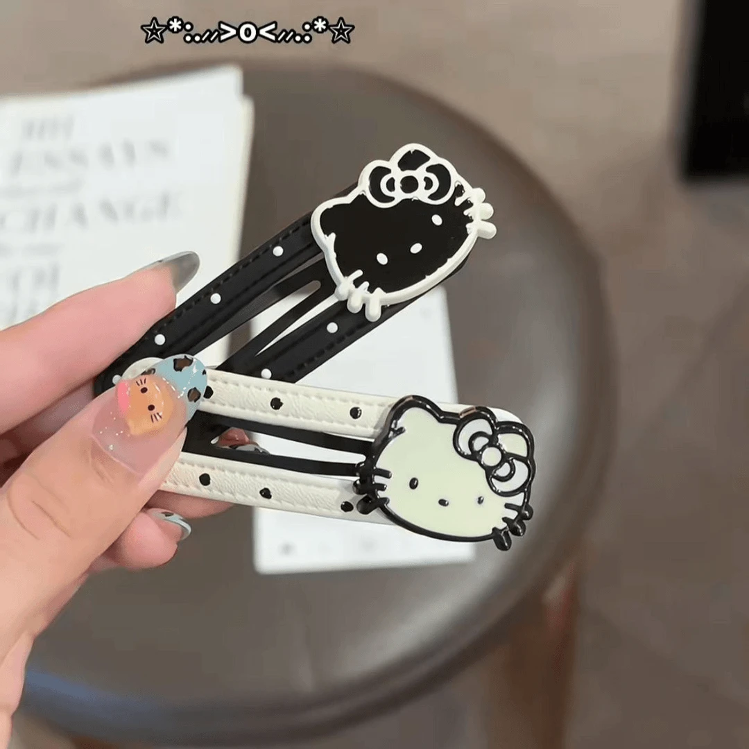 韩版黑白波点kt猫可爱皮质发夹BB侧边刘海夹边头饰发卡碎发夹子