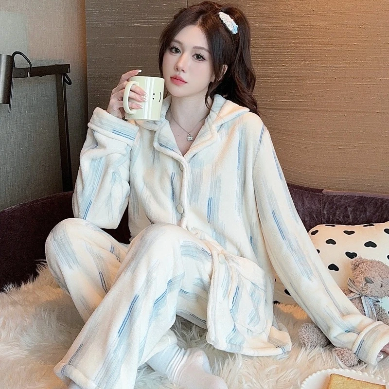 睡衣女士冬天珊瑚绒法兰绒春秋季套装条纹冬款加绒加厚长袖家居服