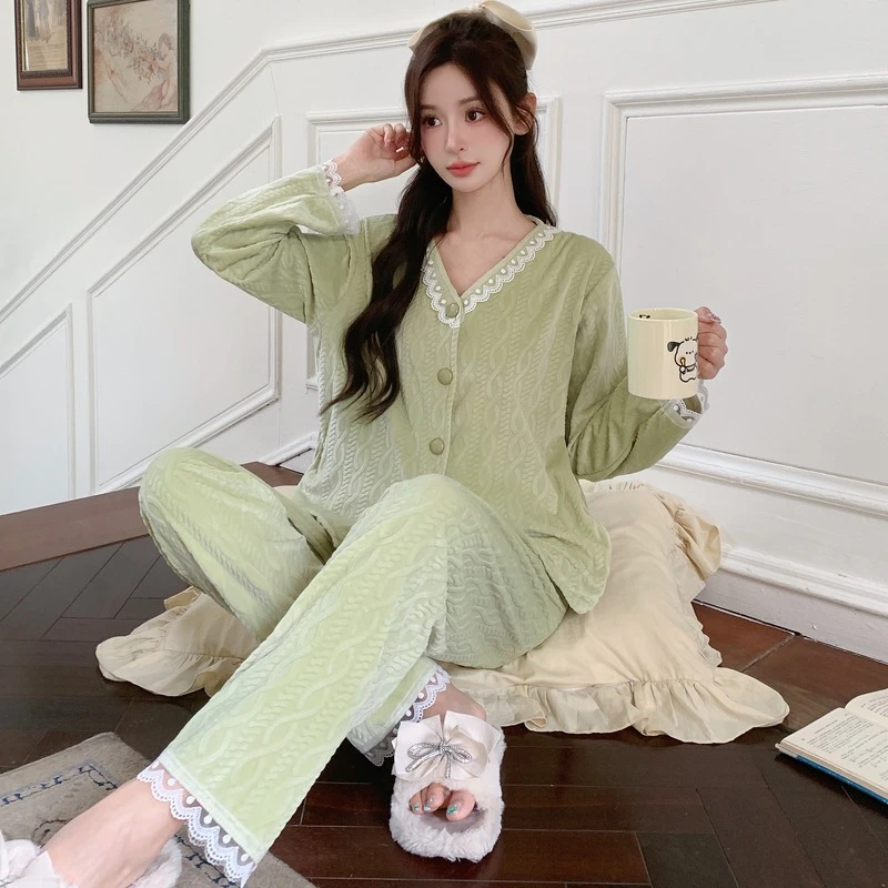 睡衣女士秋冬季海岛绒薄绒套装简约高级感冬天珊瑚绒家居服可外穿