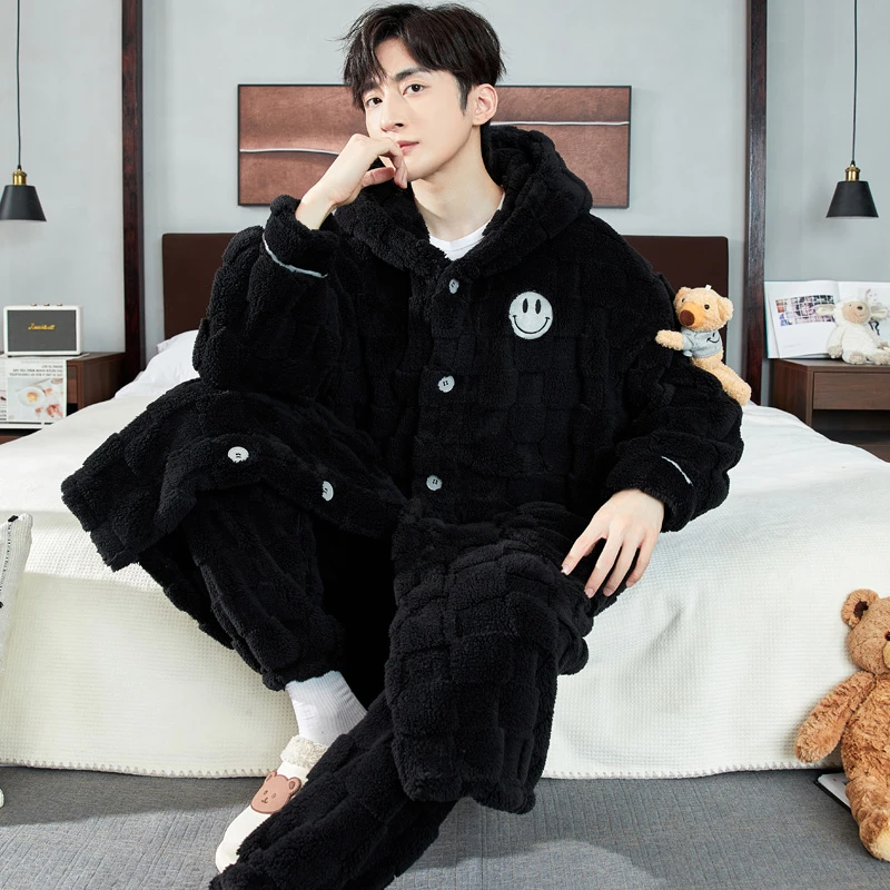 新款珊瑚绒睡衣男士秋冬季加厚保暖长款睡袍卡通法兰绒家居服套装