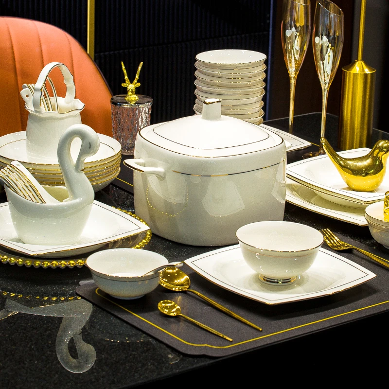 欧式金格纳斯陶瓷餐具纯白高档碗碟套装轻奢金边家用组合餐具结婚
