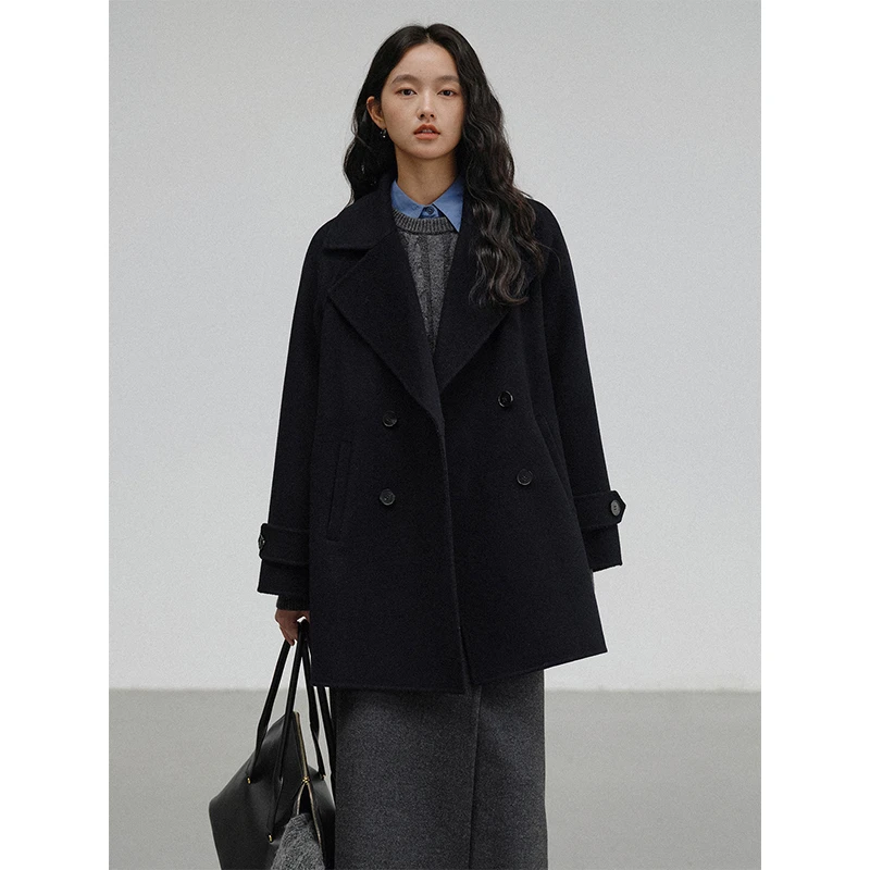 素典气质大翻领毛呢外套秋冬新款简约通勤双排扣全羊毛大衣3009