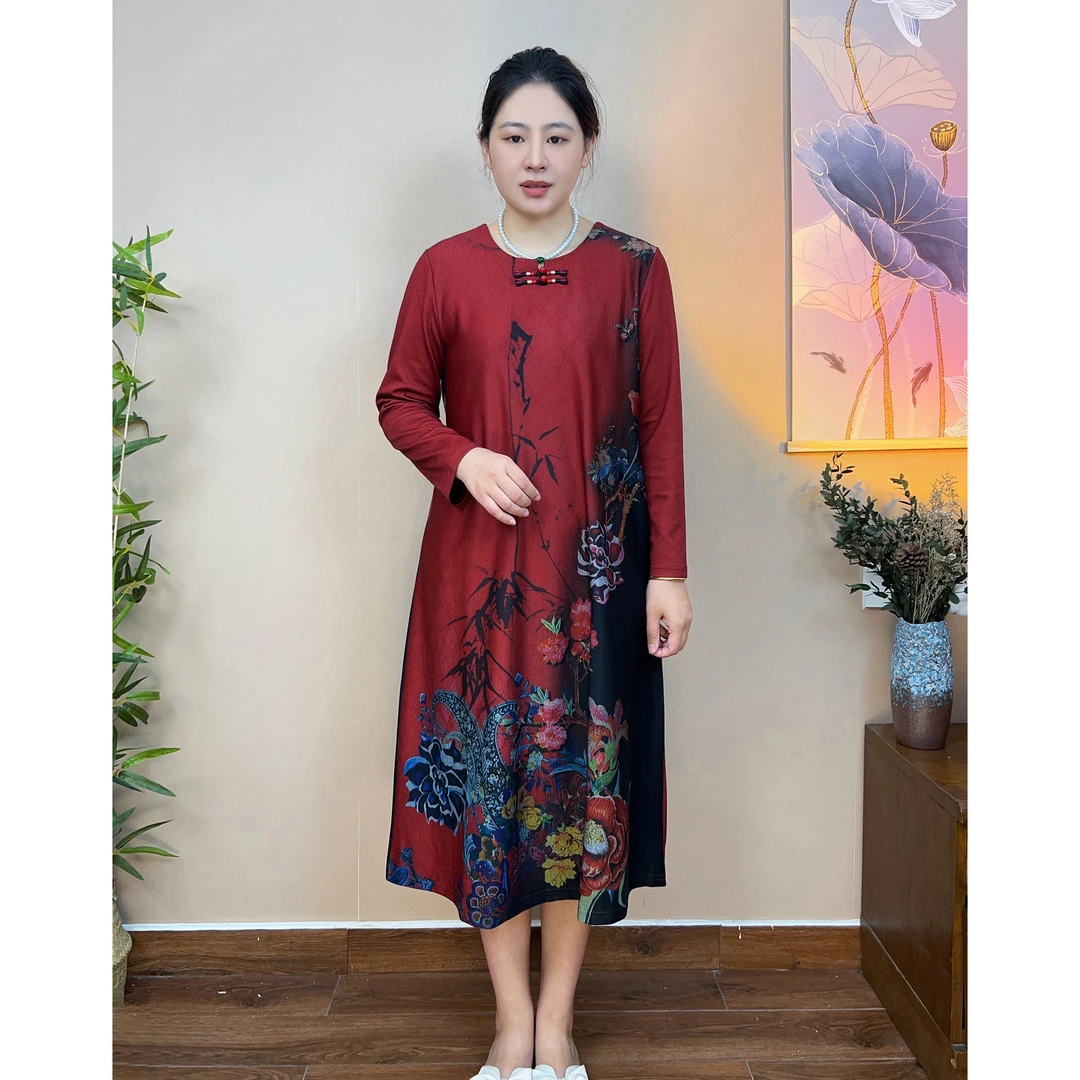 秋季中老年女装优雅连衣裙长袖宽松大码妈妈春秋气质洋气减龄裙子