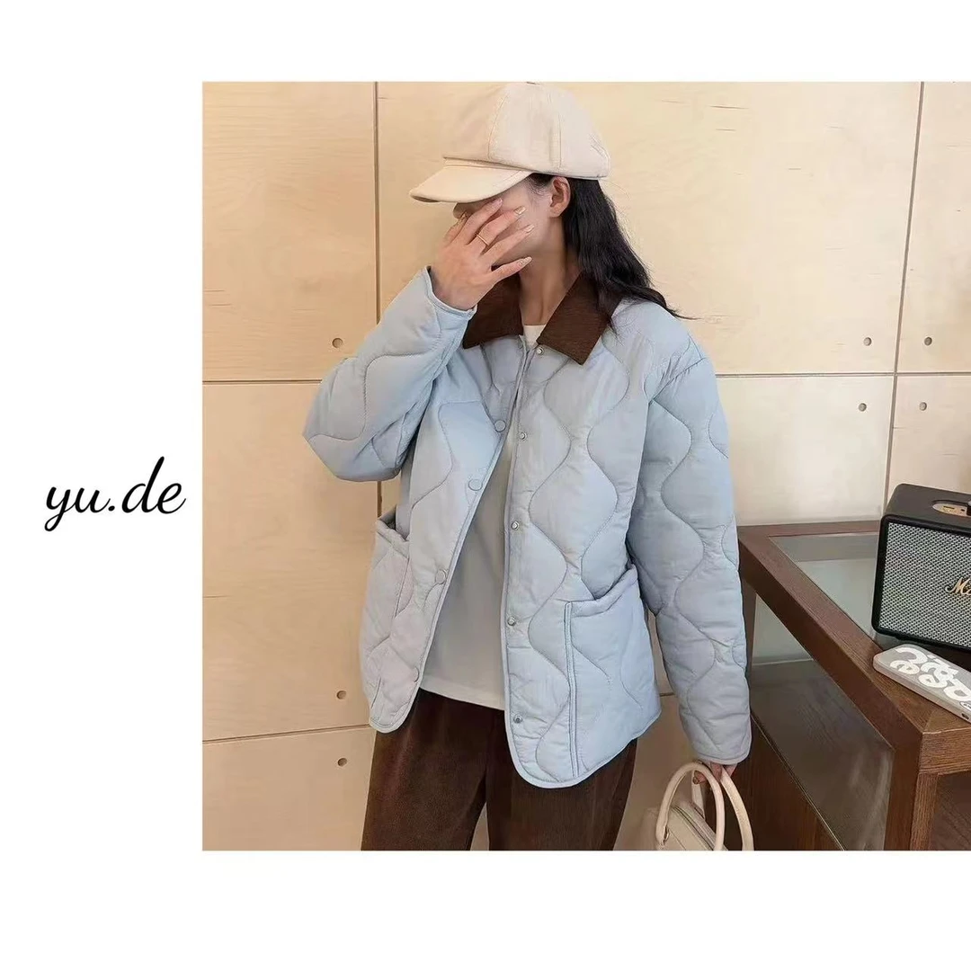 YD-[鸡蛋翻领棉服]2024秋冬休闲百搭时尚口袋翻领纯色棉服上衣女