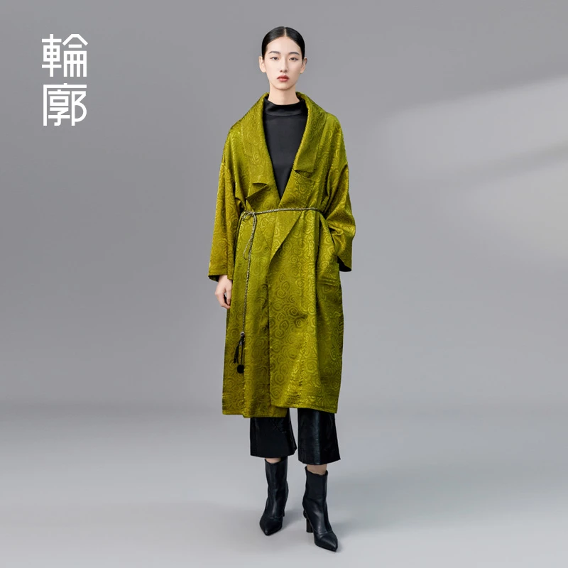 轮廓碧云天新中式风衣L233Y055金属丝立体感提花复古中长款外套