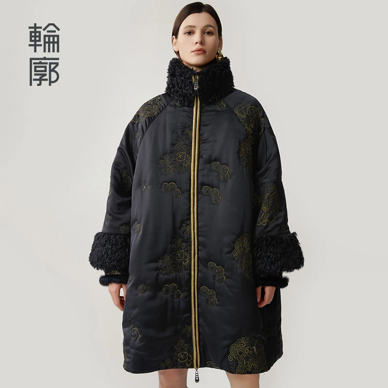 轮廓龙珠L244Y005宫廷国风棉服气质时尚宽松加厚保暖中长款棉衣