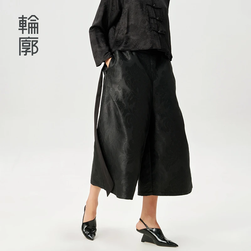 轮廓摩登艺术提花新中式阔腿裤复古摩登遮肉大版型休闲裤L241K008