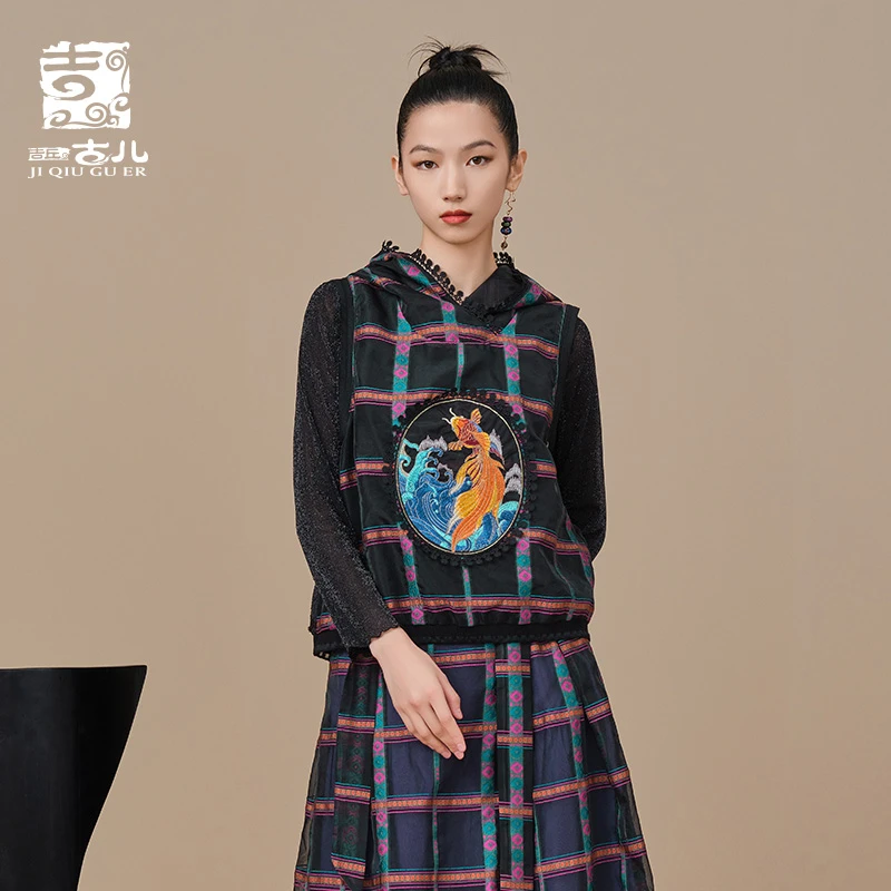 吉丘古儿原创欧根纱提花刺绣马甲复古格纹连帽无袖背心G231Y046