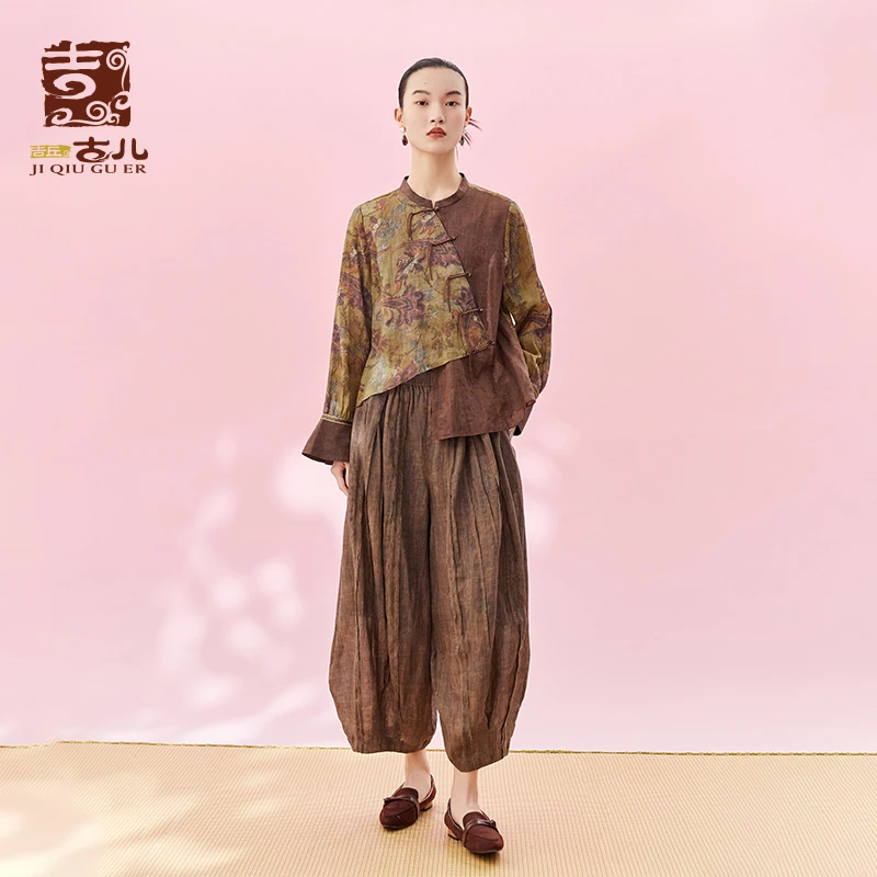 吉丘古儿菩提小衫复古典雅新中式宽松拼接不对称时尚上衣G242Y032