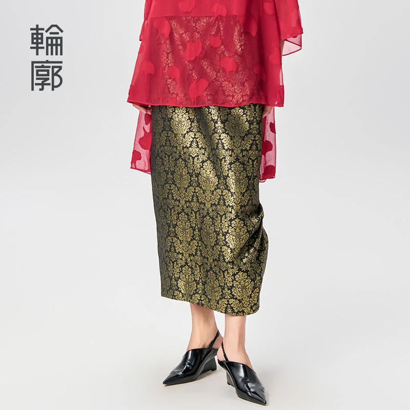 轮廓朝天阙新中式提花中长半身裙古典浪漫百搭遮肉微花苞L241Q003