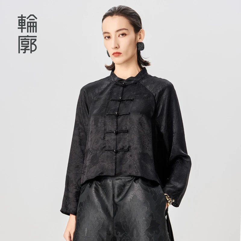 轮廓春和景明新中式提花真丝短衬衫百搭奢华灵动气质衬衣L241Y064