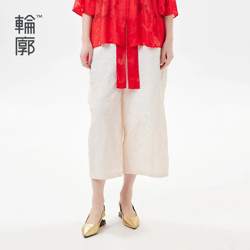 轮廓原创设计休闲裤肌理感复古浮雕提花纯色优雅阔腿裤L231K007