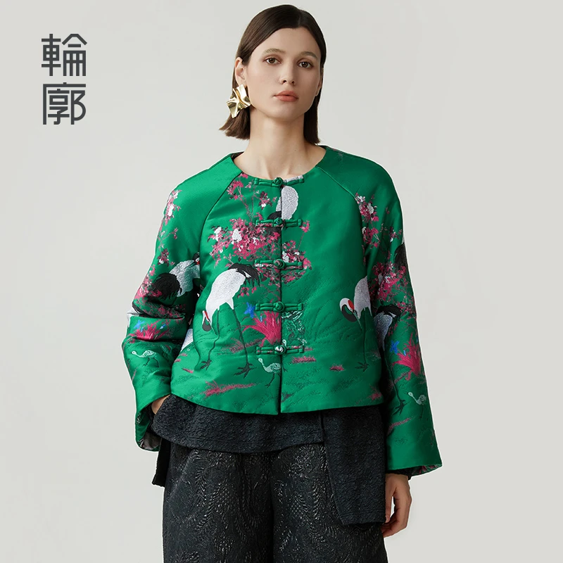 轮廓浮华梅飞鹤舞国风提花棉服原创设计棉袄宽松喇叭袖L244Y002