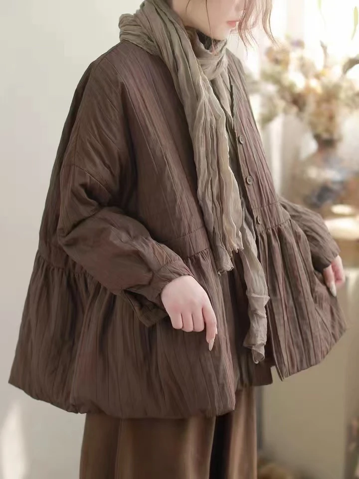 2024新款v领褶皱娃娃衫款减龄棉服女