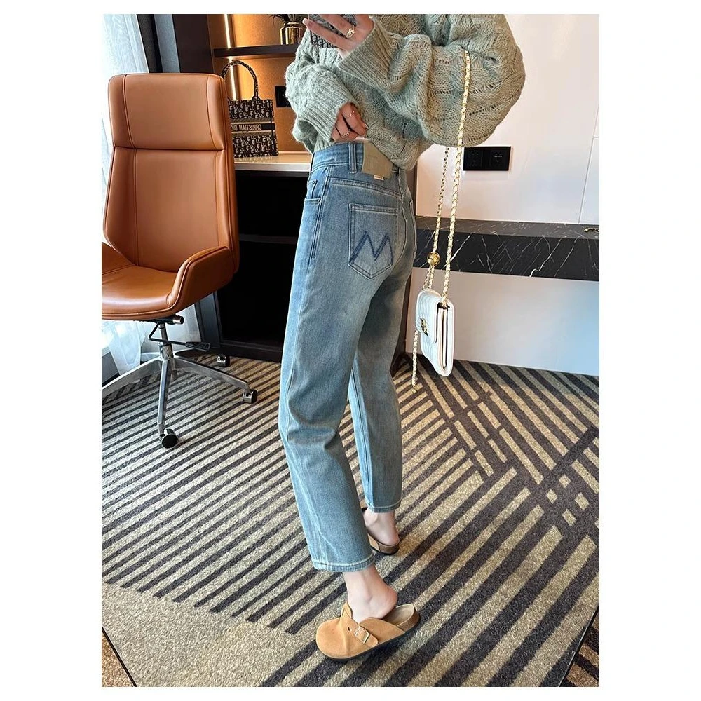 大码200斤浅蓝色直筒牛仔裤女春季新款高腰宽松显瘦九分烟管裤子