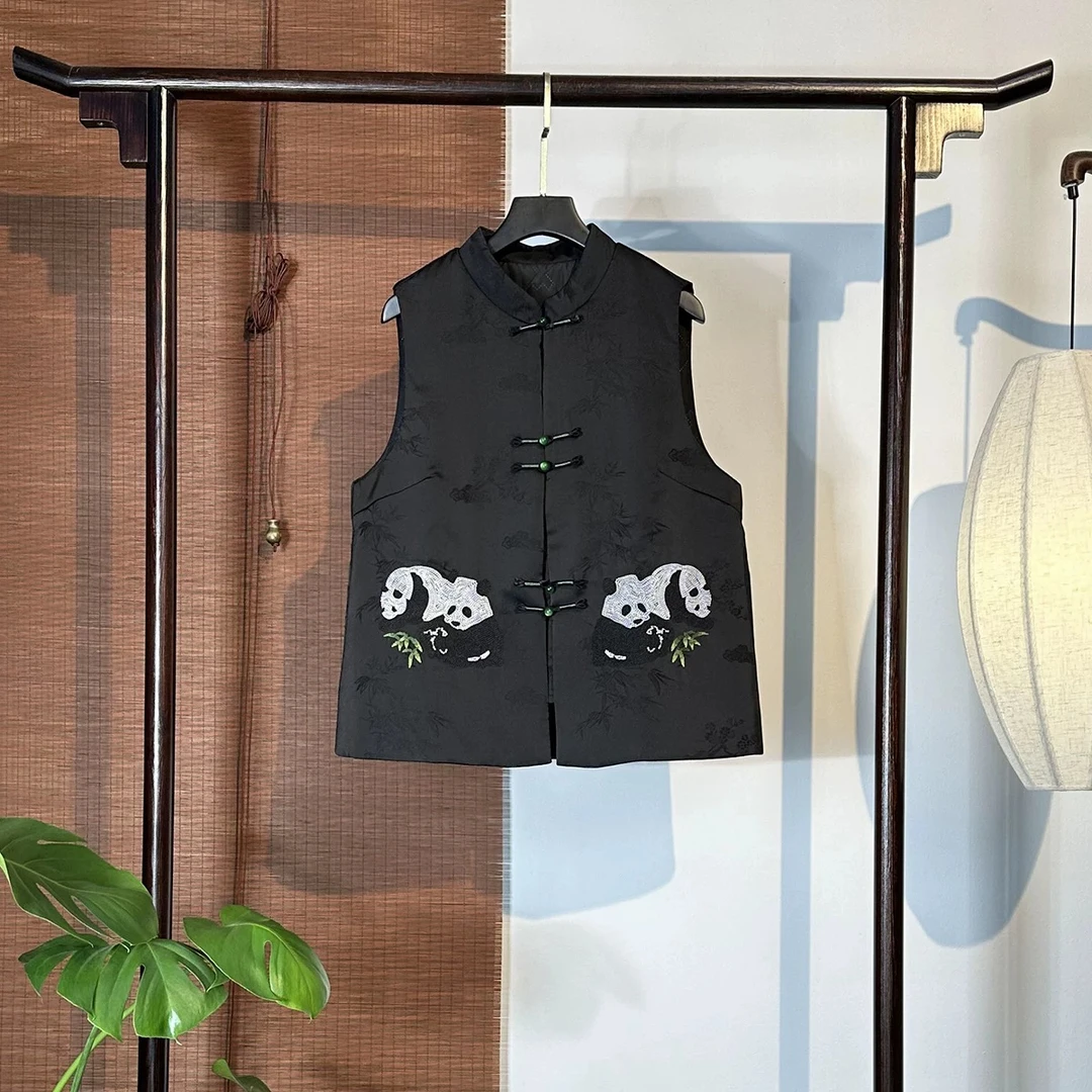 【甜蜜觅】熊猫点绣 加棉马甲  新中式100桑蚕丝国风马甲秋冬马甲