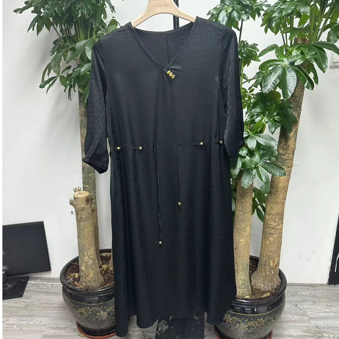 【甜蜜觅】香云纱100蚕丝龟裂纹新中式袍子高定连衣裙