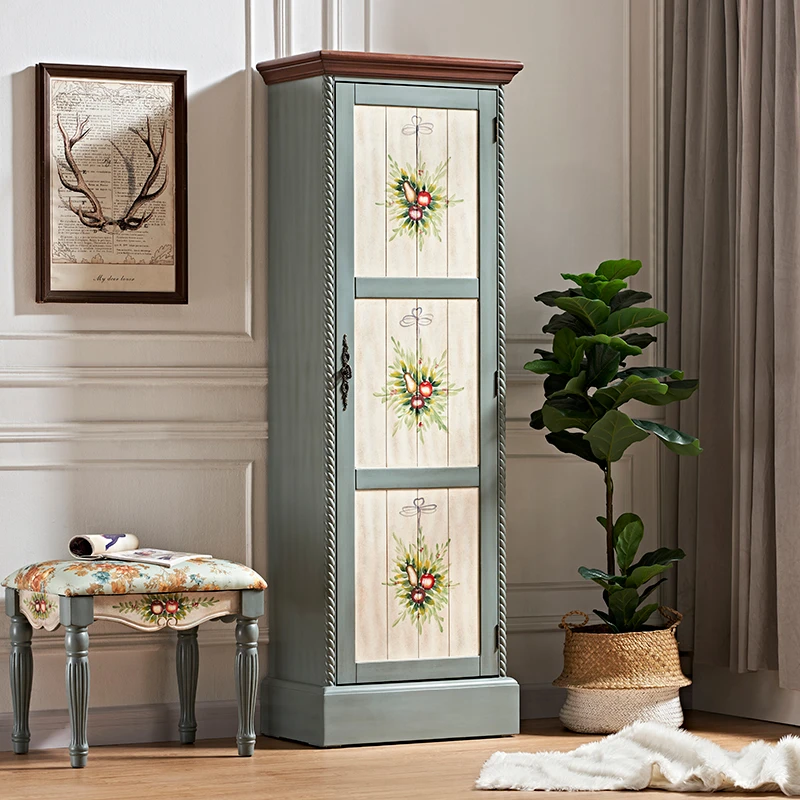 美式乡村复古彩绘单门衣柜欧式多层多功能储物收纳衣厨高玄关柜