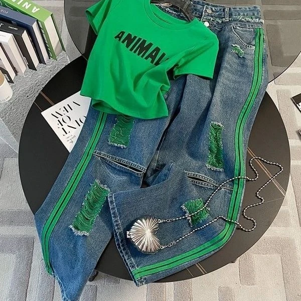 新款高腰复古时尚宽松显瘦百搭休闲直筒阔腿垂感拖地破洞牛仔长裤