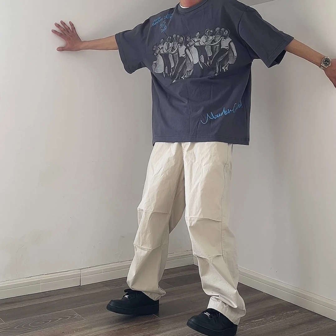 盐系男友穿搭潮牌短袖t恤男女同款复古人物印花T廓形质感落肩袖潮