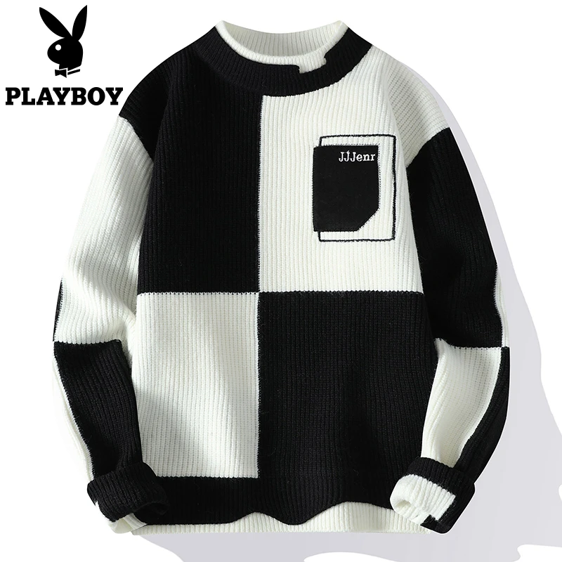 PLAYBOY冬季新款拼色加厚毛衣男宽松圆领针织衫青少年潮流打底衫
