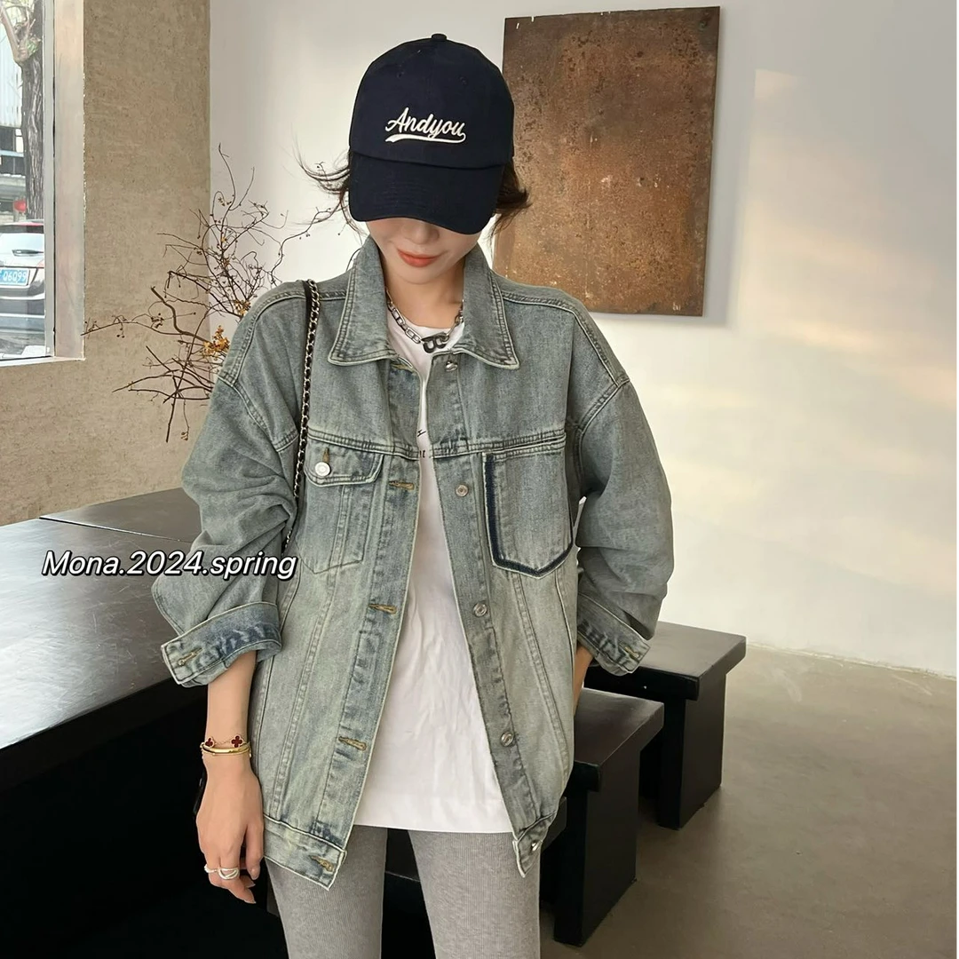 2025春秋新款口袋阴影大版牛仔外套女韩版宽松百搭小个子夹克上衣