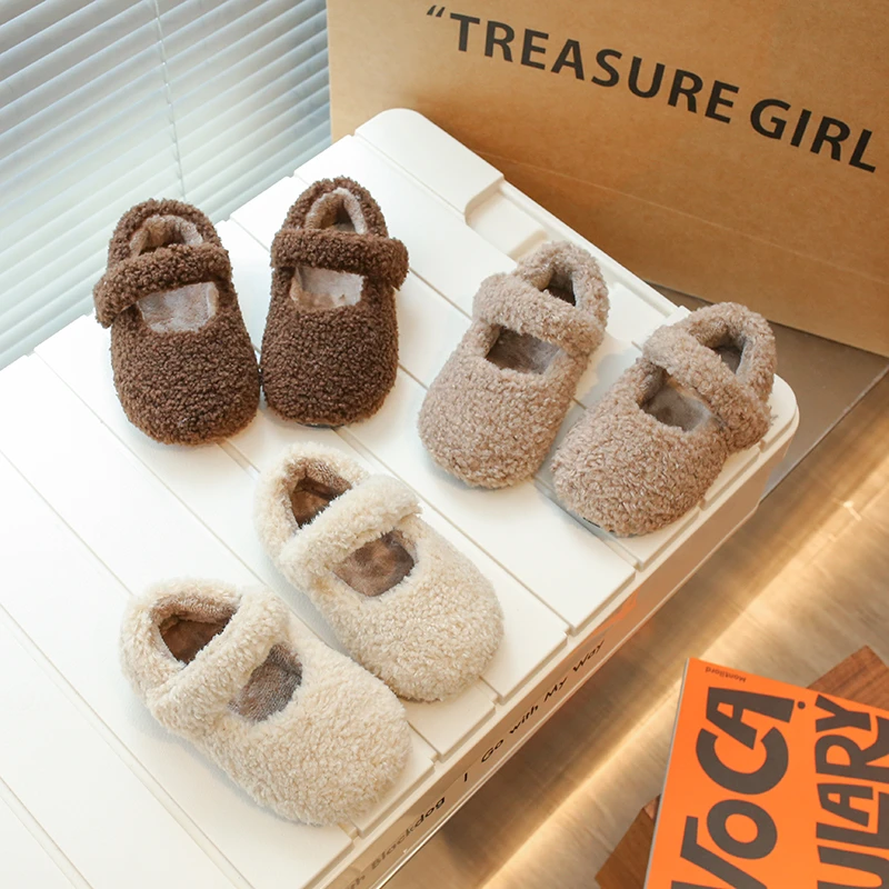 女童外穿毛毛鞋2023秋冬新款儿童棉瓢鞋纯色豆豆鞋加绒保暖宝宝鞋