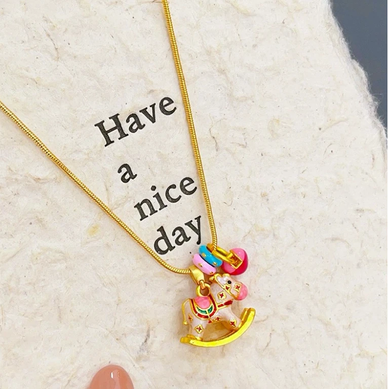 铜合金吊坠 珐琅彩马卡龙色摇摇小木马diy吊坠小跑环项链锁骨链