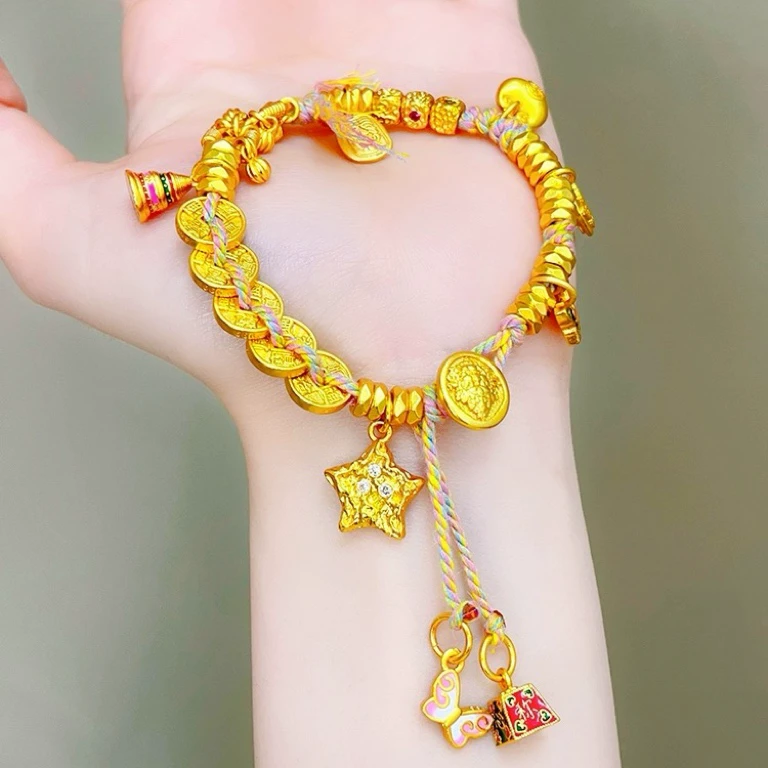 铜合金亚克力手链 新中式锤纹陨石星星五帝钱盘缠手链女手编绳