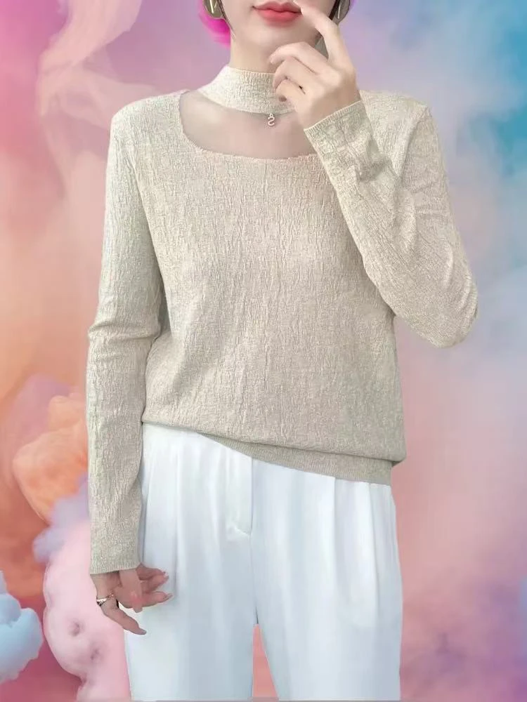 冬季新款网纱拼接镂空百搭上衣215