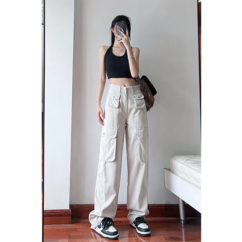 美式高街直筒阔腿休闲拖地裤女175高个子显瘦加长版多口袋工装裤