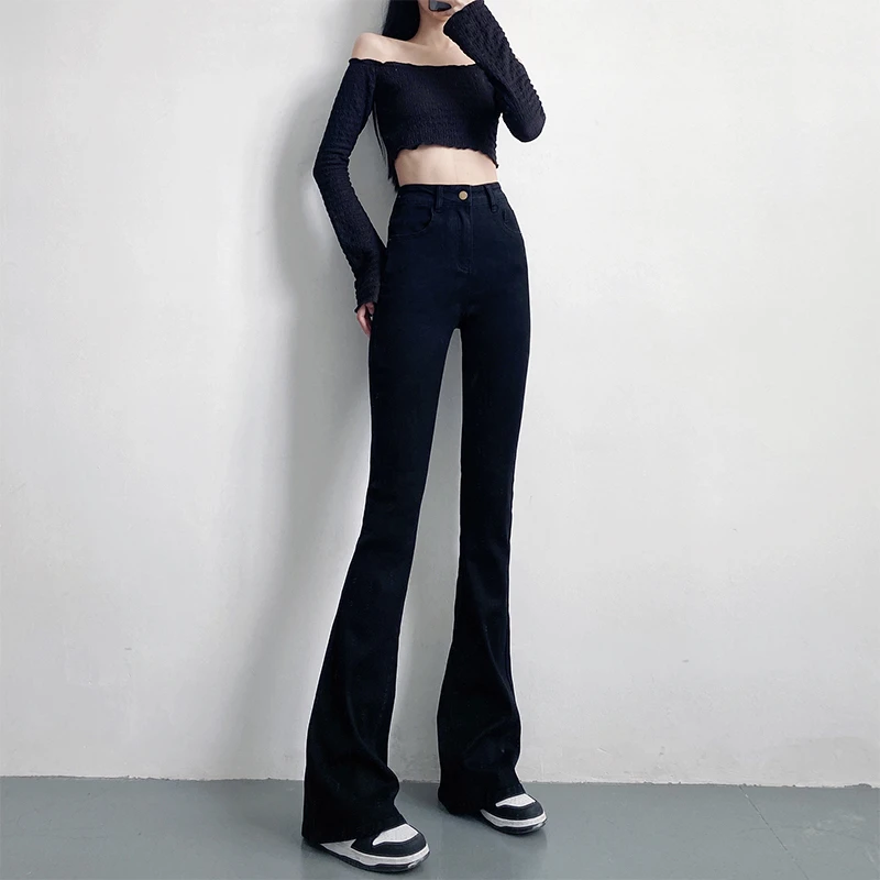 春季新款高腰显瘦紧身黑色微喇叭牛仔裤女175高个子加长版拖地裤