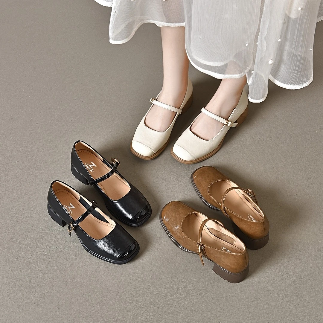 真皮浅口单鞋春季玛丽珍粗跟方头女鞋百搭小众软底一字带法式皮鞋