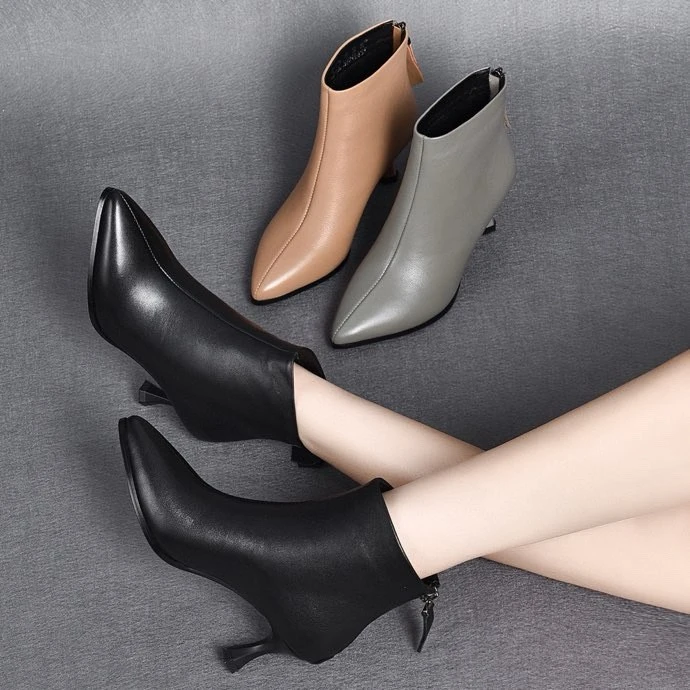 头层牛皮百搭女款靴子真皮时尚细跟短靴秋冬季纯牛皮气质尖头女靴