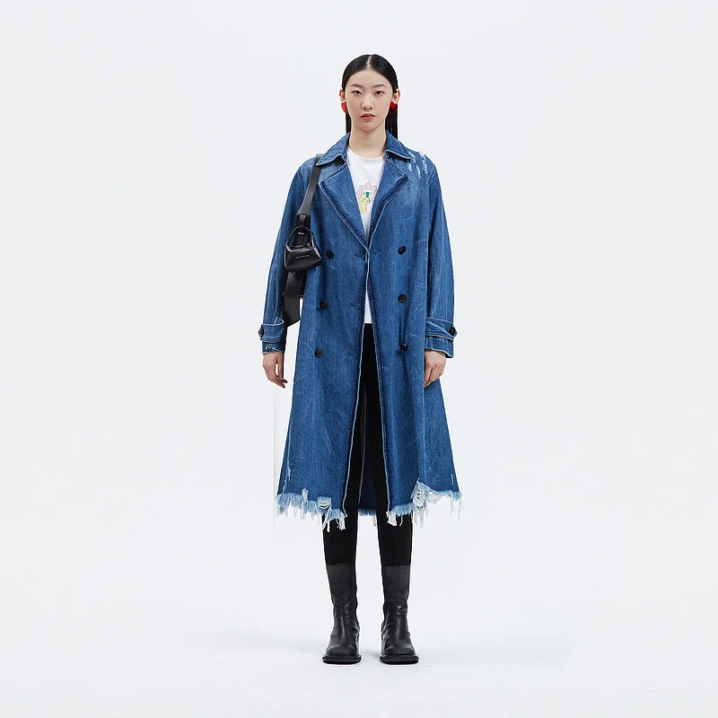 MASFER.SU【芒果精选】时尚韩版磨破做旧洗水牛仔长外套女B1KT42368