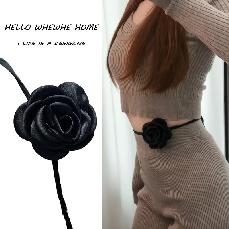法式超仙黑色玫瑰花腰带女配饰连衣裙子束腰打结多用百搭绑带链条