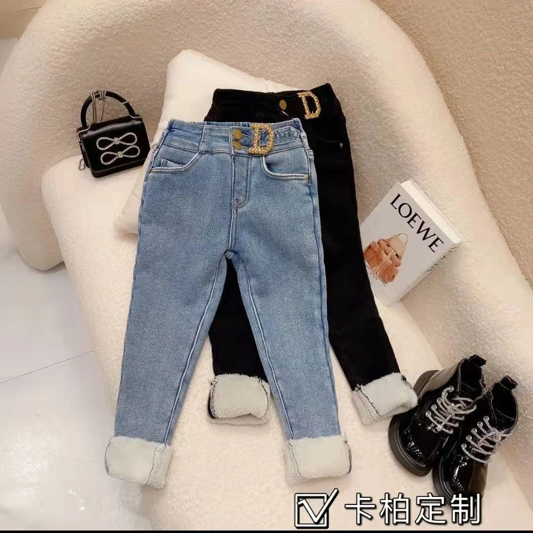 菟女童加绒牛仔裤一体绒加厚新款宝宝洋气长裤中小童秋冬