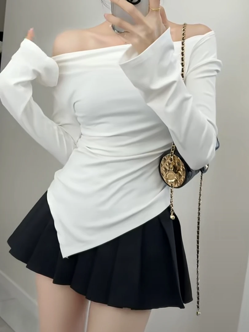 纯欲不规则交叉v领长袖t恤女2024新款设计感小众修身显瘦上衣