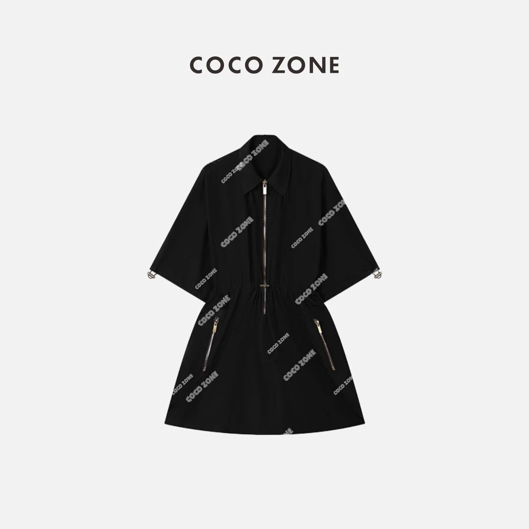 COCO ZONE 刘一一 设计感翻领工装风裙子抽绳收腰连衣裙23C29178