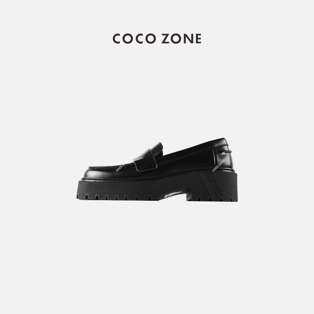COCO ZONE 刘一一 真皮圆头厚底小皮鞋松糕一脚蹬乐福鞋23C29638