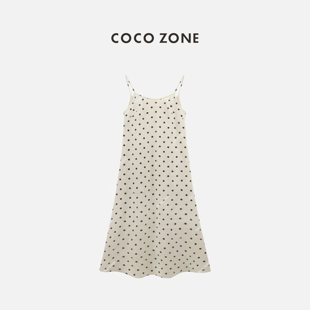 COCO ZONE 刘一一 100亚麻法式波点撞色吊带连衣裙显瘦CC1B0939