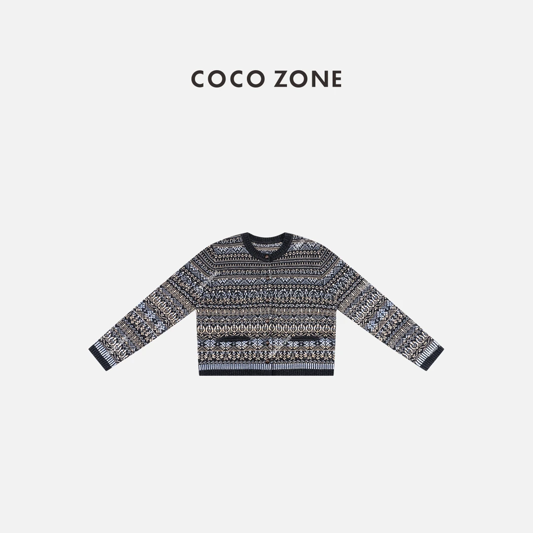 COCO ZONE 刘一一 100绵羊毛复古设计感圆领针织衫CC2C2344