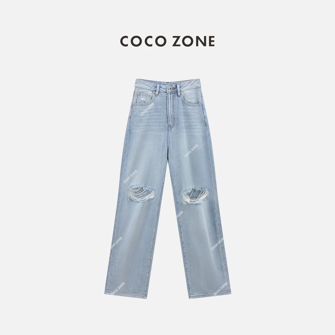 COCO ZONE 刘一一"男朋友裤"美式复古破洞显瘦直筒长裤 CC1B1109