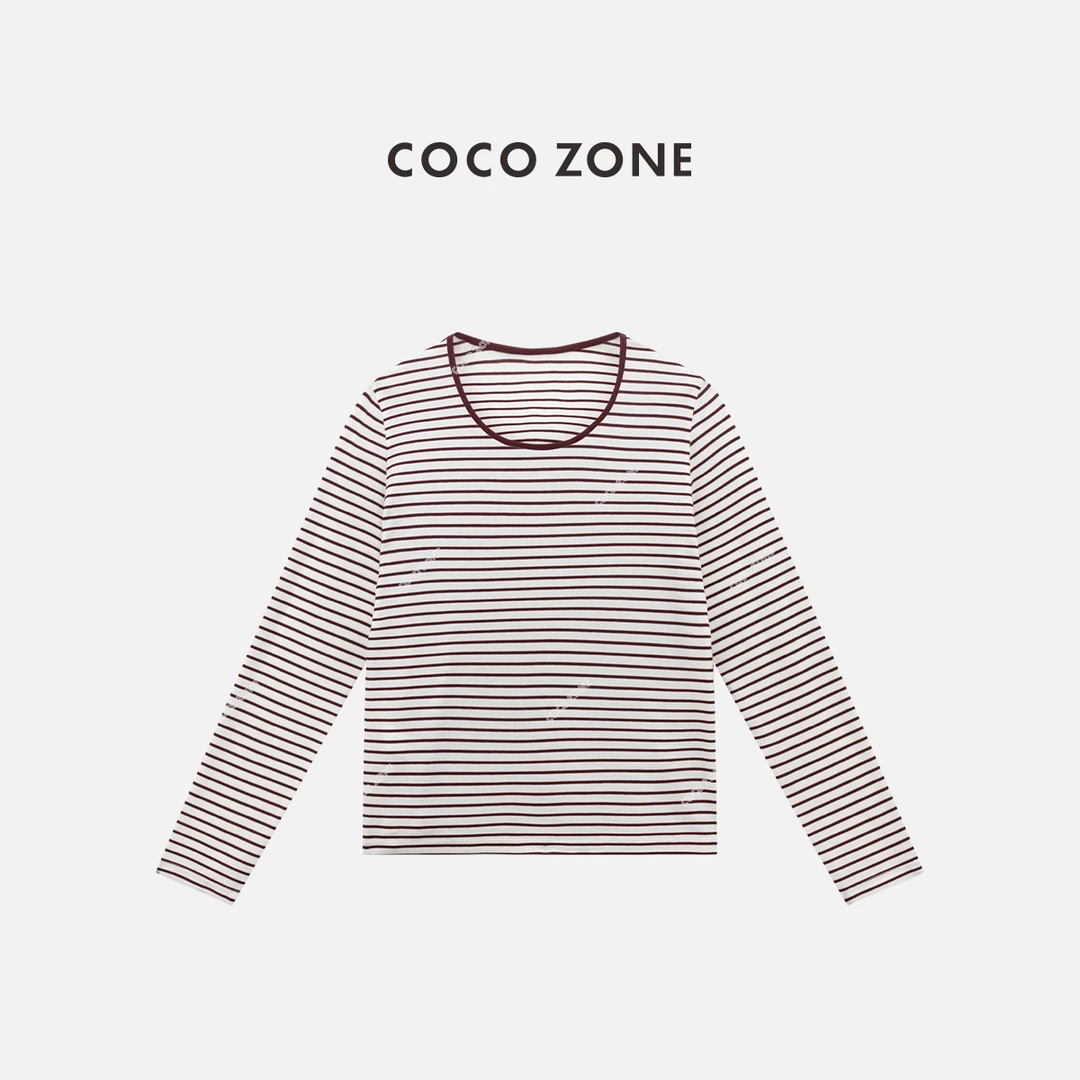 COCO ZONE 刘一一"西西雅"夏季条纹圆领长袖撞色休闲上衣CC1B1479