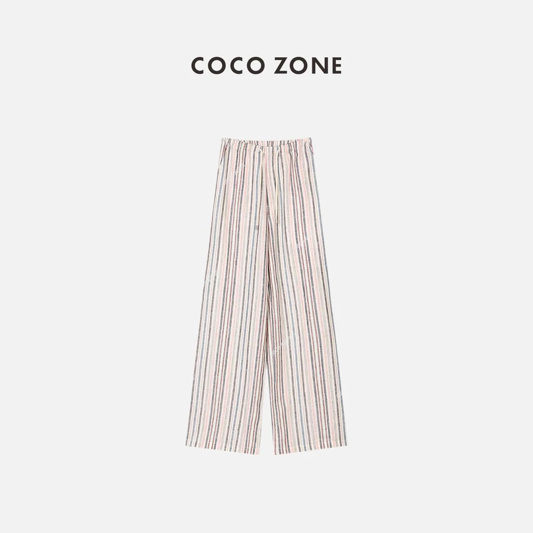 COCO ZONE 刘一一 通勤风休闲彩色条纹系绳宽松阔腿长裤23C18869