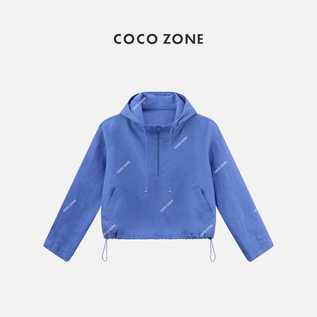 COCO ZONE 刘一一100亚麻"蓝希"半拉链连帽长袖上衣 CC2A0313